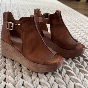 Miz Mooz Tan Leather Wedge Sandals
